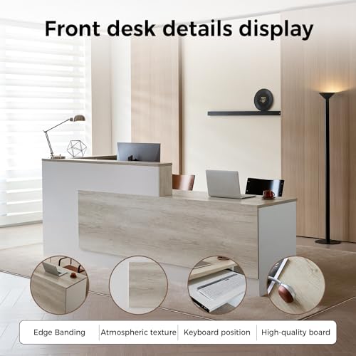 Huariifowm 110" L-Shaped Reception Desk with Counter, Drawers, Open Shelves and Keyboard Tray, Modern Front Desk for Office Reception Area, Oak+Warm White, Right Cabinet Huariifowm