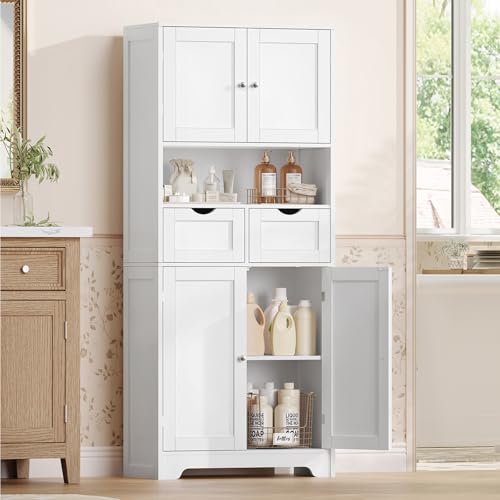 TEENFON 57.8" H Tall Bathroom Storage Cabinet with 4 Doors & 2 Adjustable Shelves, Freestanding Bathroom Cabinet with 2 Drawers, Kitchen Cabinets & Pantry, Cupboard for Kitchen, Dining Room, White TEENFON
