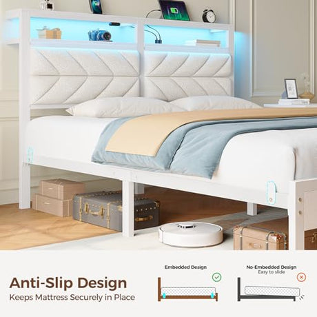 Seventable Bed Frame Full Size with Charging Station, LED Bed with Upholstered Storage Headboard, Metal Platform Bed with Under Bed Storage, No Box Spring Needed, Noise Free, Easy Assembly, White Seventable