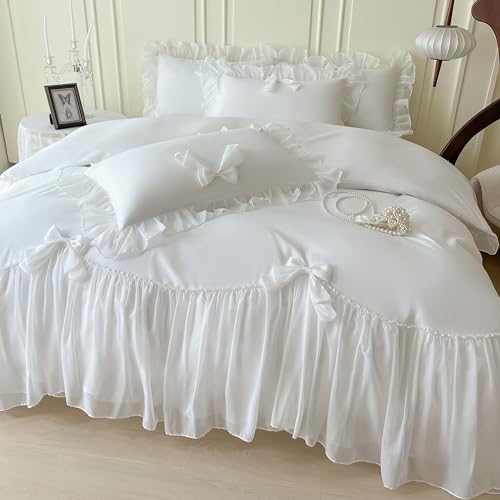 SOUKECHY Ruffled Bedding Bow Duvet Cover Set with Butterfly Tie, Soft Brushed Microfiber Shabby Chic Bedding Set with Zipper Closure-White,Queen SOUKECHY