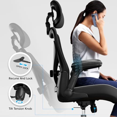 Ergalithic Ergonomic Office Chair-Computer X-Shaped Chair Mesh PU Leather with Adjustable Lumbar Support-Executive Desk Chair High Back with Headrest Flip-Up Arms for Long Hours (Black) Ergalithic