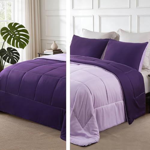 Exclusivo Mezcla Lightweight Reversible Queen Size Comforter Set, Down Alternative Comforter with 2 Pillow Sham, Queen Size Bedding Set for All Seasons, Deep Purple/Lilac Exclusivo Mezcla