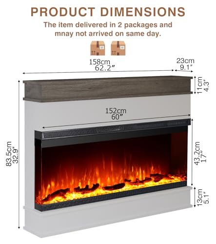 Maxhonor 3-Sided View Electric Fireplace Insert - Minimalist Mantel - 12 Color Flame Effect - 1500/750 Watt Heater - Remote Control - Log & Crystals(60",White) Maxhonor
