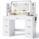 JUMMICO Makeup Vanity Desk with Large Mirror and LED Lights, Vanity with Power Strip and Hairdryer Holder, 6 Open Shelves and 7 Drawers Modern Dressing Table, for Bedroom (White) JUMMICO