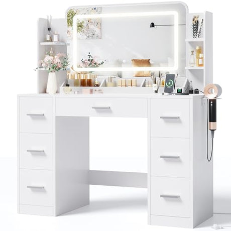 JUMMICO Makeup Vanity Desk with Large Mirror and LED Lights, Vanity with Power Strip and Hairdryer Holder, 6 Open Shelves and 7 Drawers Modern Dressing Table, for Bedroom (White) JUMMICO