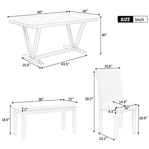 Merax Modern Style 6-Person Dining Table Set with 4 Chairs & a Bench, Marbled Veneers Tabletop and V-Shaped Table Legs, White Merax