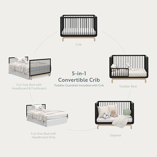 Storkcraft Santorini Deluxe 5-in-1 Convertible Crib with Bonus Toddler Guardrail (Black with Driftwood) – GREENGUARD Gold Certified, Toddler Guardrail Included in Box, Fits Standard Crib Matt - WoodArtSupply