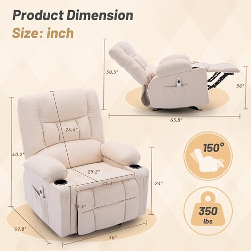 Rocker Recliner Chair with Massage and Heat, Nursery Rocking Chairs for Living Room, Recliner Chair for Adults, Ergonomic Comfy Relining Chair with Cup Holders, USB Charge Port, Side Pockets, Beige
