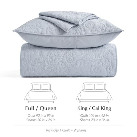 EVERGRACE 100% Cotton Paisley Quilt Set, King Size 3 Piece Set – Prewashed Lightweight Bedspread with 2 Shams, Soft & Breathable Matelasse Coverlet for All-Season Comfort, Pearl Blue EVERGRACEHOME
