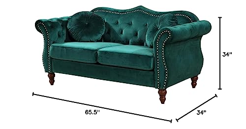Container Furniture Direct Anna1 Chesterfield Velvet Couches for Living Room, Button Tufted Luxury Upholstery with Rolled Arms, High-Density Foam, Durable Wood Frame, 65.5" Loveseat, Lush Green Container Furniture Direct
