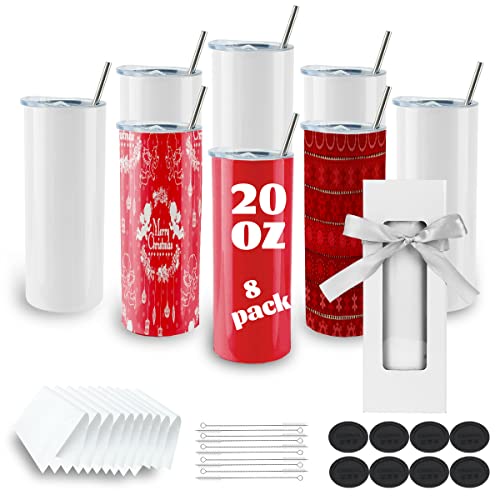 8 Pack Straight Sublimation Tumblers bulk 20 oz Skinny,Stainless Steel Double Wall Insulated Tumbler Cups Blank White with Lid, Straw, Individually Boxed,Polymer Coating for Heat Transfer - WoodArtSupply