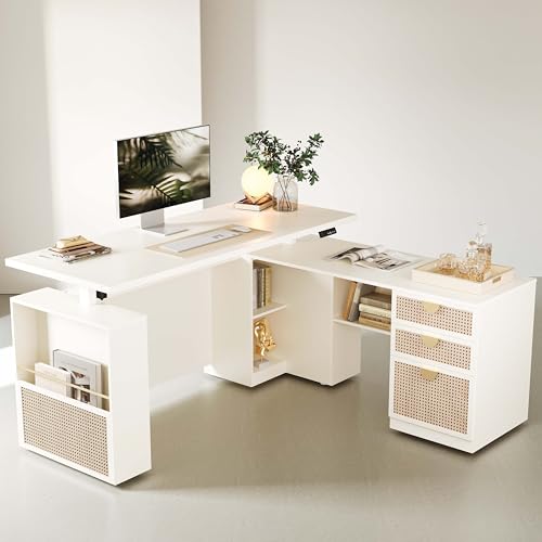 ModernMate 63" Standing Desk with File Cabinet, Privacy Panel, AC/USB, 1.18" Desktop, Executive L Shaped Height Adjustable Desk, Electric Stand Up Table with 3 Drawers, White Rattan ModernMate