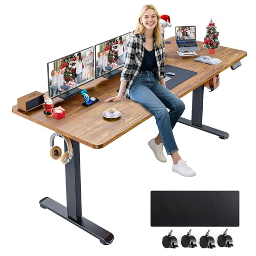 farexon Electric Standing Desk Adjustable Height, 71 x 28 Inch Sit Stand up Desk with Large Mouse Pad, Double Metal Hook,4 Wheels,4 Memory Preset Heights Home Office Computer Desk（Brown） farexon