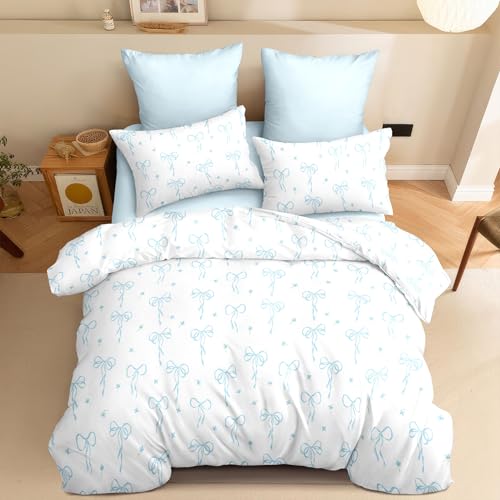 Bildenly Comforter Set Full Size White - Light Blue Bow Quilt Bedding Set 3 Pieces, Comforter Set Full, Soft & Lightweight Comforter(79‘’ x 90‘’) for Girl All Season & 2 Pillow Cases(30‘’x20‘’) Bildenly