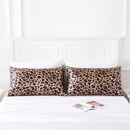 MR&HM Satin Pillowcase for Hair and Skin, Silk Satin Pillowcase 2 Pack, Queen Size Pillow Cases Set of 2, Silky Pillow Cover with Envelope Closure (20x30, Brown Leopard) MR&HM