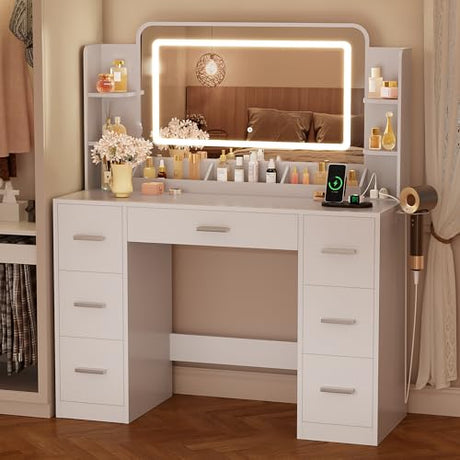 YESHOMY 43.3''Vanity Desk with LED Mirror & Power Outlet, 7 Drawer Makeup Vanity with Side Shelves, Lighted Dressing Table for Bedroom(White YESHOMY