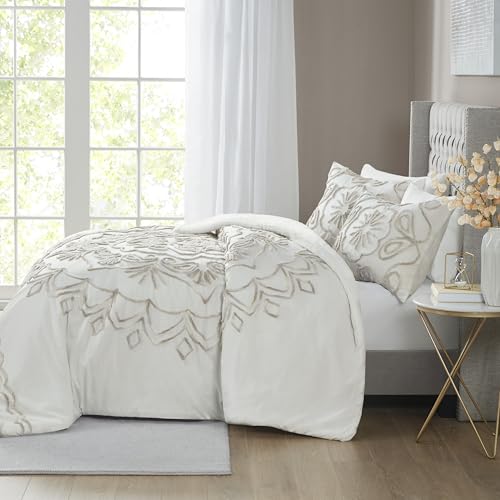 Madison Park Violette Chenille Cotton Tufted Comforter Large Medallion Design, All Season, Hypoallergenic, Soft Bedding Set, Matching Sham, Full/Queen, Ivory/Taupe 3 Piece Madison Park