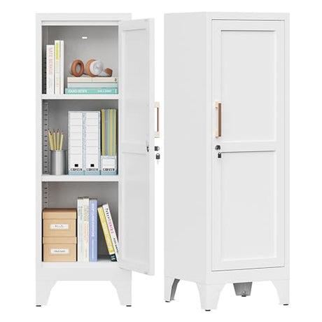 46"H White Metal Locker with 1 Lockable Door and 2 Adjustable Shelves For Employees,3 Tier Small Storage Cabinet with Detachable Legs and Vintage Handle for Kitchen, Office,School,Gym,Easy Assembly Firstsky