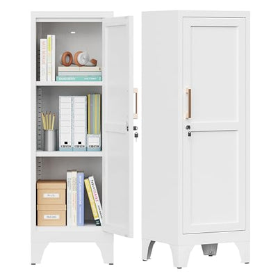 46"H White Metal Locker with 1 Lockable Door and 2 Adjustable Shelves For Employees,3 Tier Small Storage Cabinet with Detachable Legs and Vintage Handle for Kitchen, Office,School,Gym,Easy Assembly