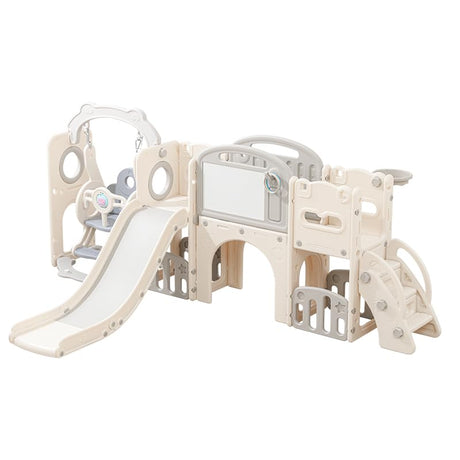 Lovgrils 12 in 1 Toddler Outdoor Playset with Swing, Indoor Swing and Slide Set Playground for Toddlers 1-3, Durable Climber Basketball Hoop Ball Toddler Indoor Playset for Home Playground-White Grey Lovgrils