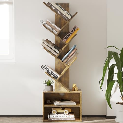 SUNMORY Rustic Brown 6-Tier Tree Bookshelf with Storage Cabinet for Small Spaces SUNMORY
