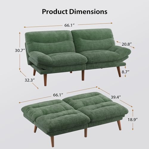 PERLECARE Convertible Futon Sofa Bed, 66" Corduroy Futon Couch with Adjustable Backrest and Armrests, 3-in-1Recliner Sleeper Sofa for Small Spaces, Play Room,Living Room or Office（66 in,Green） PERLECARE