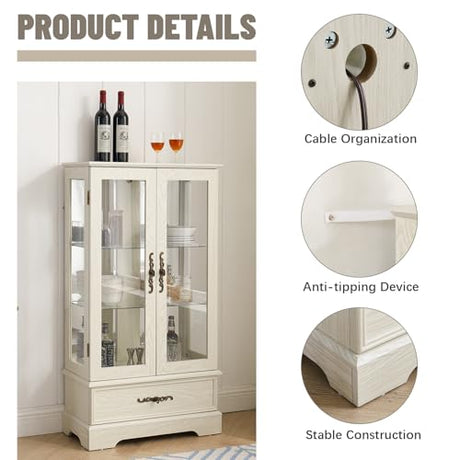 Curio Cabinet with Glass Doors Drawer, Lighted Display Cabinet with Adjustable Glass Shelves and Mirrored Back Panel, Retro Floor Standing Glass Storage Cabinet for Living Room, Antique White BAOMKONG