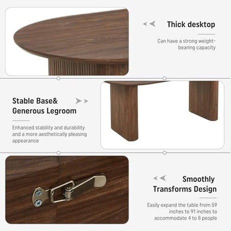 SIZOTA 59" to 91" Extendable Dining Table Set for 4-8, Oval Kitchen Table with MDF Faux Wood Tabletop and 8 Upholstered Solid Wooden Chairs, Space-Saving Kitchen & Dining Room Furniture (Walnut) SIZOTA