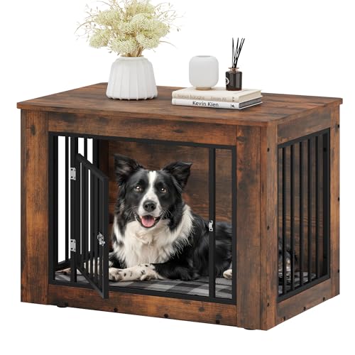 YITAHOME 32.5" L Dog Crate Furniture for Medium Dogs, 2-in-1 Iron-Wood Fusion Dog cage Indoor up to 40 lb, Side End Table, Modern Dogs Kennel with Waterproof Top, Safety Corners,Steel Lock,Rustic YITAHOME