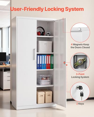 VEVOR Metal Storage Cabinet, Lockable Steel Garage Cabinet with Adjustable Shelves, 2 Magnetic Doors, 2 Keys, 5-Tiers Tool Storage Locker for Home, Office, School, Warehouse, Basement, Laundry, White VEVOR