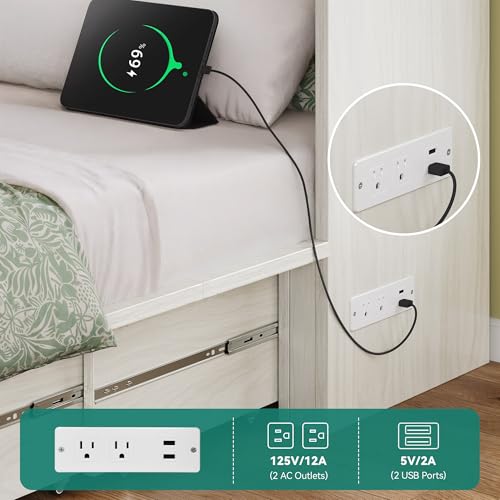 DWVO Full Size Murphy Bed with Charging Station, Cabinet Bed with Large Storage Drawer, Farmhouse Multi-Functional Murphy Cabinet Bed Frame for Bedroom or Guest Room, Noise-Free, Rustic White DWVO