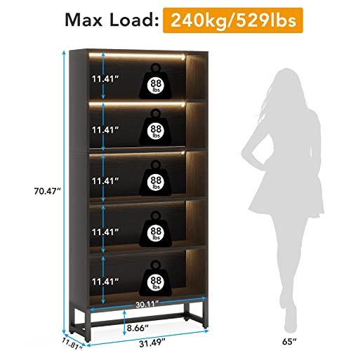 Tribesigns 70.8” Tall Black Bookcase with LED Lights - Heavy Duty 5-Tier Storage Shelf Tribesigns