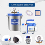 9 Gallon Tempered Glass Vacuum Chamber with Two Rubber Seals, 33L Stainless Steel Degassing Chamber Kit with 5 CFM 1/3HP Single Stage Vacuum Pump Without Oil, Perfect for Stabilizing Wood P PBAUTOS