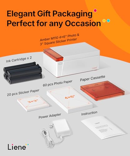 Liene Amber M110 Bluetooth Photo Printer 80 Sheets, Portable Photo Printer for iPhone, Thermal Dye Sublimation, Picture Printer 60 Sheets 4x6 Paper & 20 Sheets 3" Square Sticker Paper & 2 Cartridges Liene
