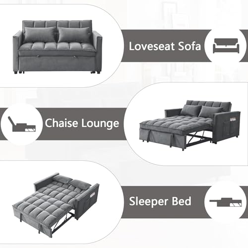 54" Convertible Sofa Bed, Velvet Sleeper Sofa with Pull-Out Bed, 3-in-1 Futon Couch with Reclining Backrest and Side Pocket, Modern Loveseat for Living Room (Medium Grey) Qinazoe