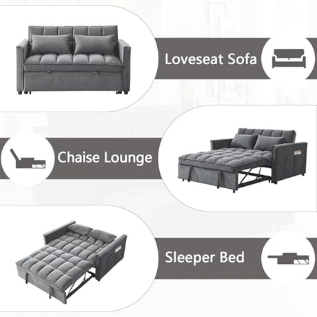 54" Convertible Sofa Bed, Velvet Sleeper Sofa with Pull-Out Bed, 3-in-1 Futon Couch with Reclining Backrest and Side Pocket, Modern Loveseat for Living Room (Medium Grey) Qinazoe