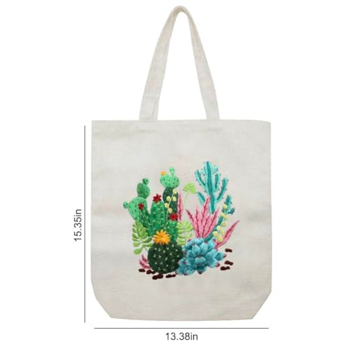 KABAKE Canvas Tote Bag Embroidery Kit for Beginners, Arts and DIY Crafts Starter Kit, Includes Stamped Bag, Threads, Tools (Beige With Cactus)