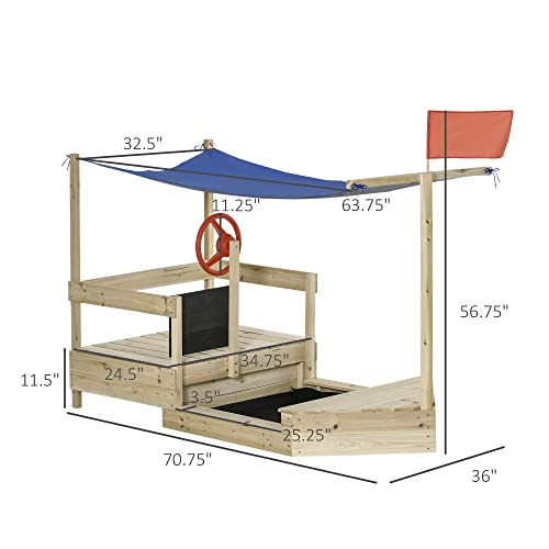 Outsunny Kids Wooden Sandbox with Cover, 71" Kids Sandbox w/Flag, Canopy Shade, Bottom Liner, Blackboard, Outdoor Sand Pit for 3-8 Years Old, Natural Wood - WoodArtSupply