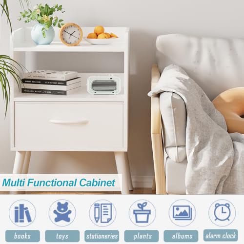 White Nightstand with Open Shelf,Small Night Stand Bedroom Bedside Table with Drawer Storage,Side Table End Table with Solid Wood Feet,Mid Century Night Stands for Office Home Sofa Couch(White) Huhote