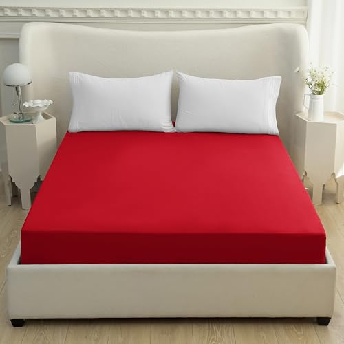 Mocassi California King Fitted Sheet - Deep Pocket Cooling Sheets up to 16 inch - Hotel Luxury 1800 Premier - Softest Sheets - Wrinkle Resistant - 1 Single Bottom Fitted Sheet, Cali King, Red Mocassi