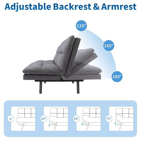 MUUEGM Futon Sofa Bed, 71" Convertible Linen Memory Foam Couch Bed, Modern Backrests Armrests Love Seat for Living Room,Apartment,Office,Charcoal Grey Sleeper Couch MUUEGM