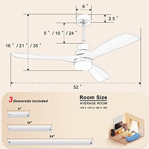 Sofucor 52 Inch Ceiling Fan with Lights Modern Wood Ceiling Fan Remote Control Dimmable LED Light 3 Blades Reversible DC Motor for Farmhouse Bedroom Living Room Patio with Cover(Burlywood) - WoodArtSupply