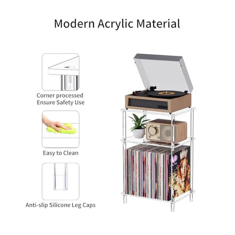 Bekugee Clear Acrylic Record Player Stand with Vinyl Storage, 15.75" L x 11.81" W x 24.5" H, 3 Tier Small Side Turntable Table with Album Shelf, Modern Bedside End Table for Living Room, Bedroom Bekugee