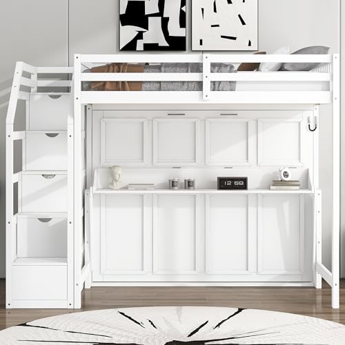 Merax Modern Farmhouse Wood Full XL Loft Bed with Full Size Murphy Bed Chest & Storage Staircase/Space Saving/No Box Spring Needed, White Merax
