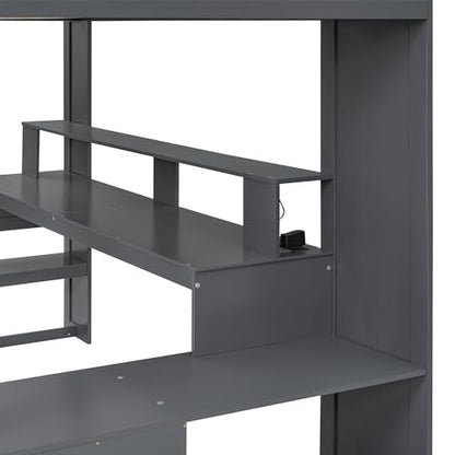 Brabrety Dark Gray Full Size Gaming Loft Bed with Desk, LED Lights and Storage Solutions - WoodArtSupply