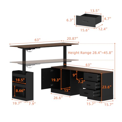 Homsee Home Office L Shaped Electric Standing Desk with Drawers and Shelves, Height Adjustable Stand up Desk, 63" Computer Executive Corner Table, Walnut & Black Homsee