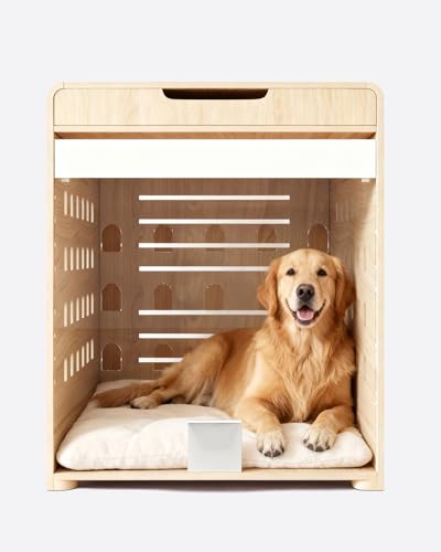 Modern Dog Crate Furniture with Charging Station Large Kennel Indoor with Flip-up Hidden Acrylic Door for Large and Medium Breeds up to 110lb Wood Pet End Side Table Cage, Oak GOUUN