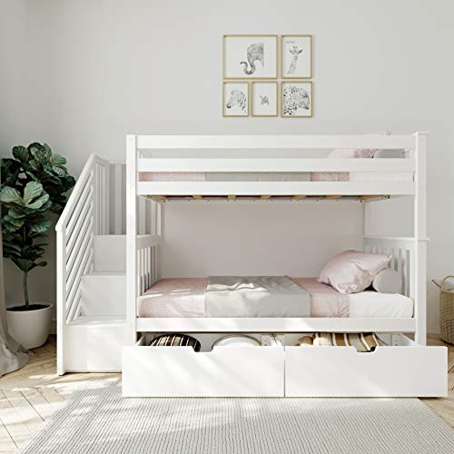 Max & Lily Twin Bunk Bed with Staircase and Storage Drawers, Underbed, White Max & Lily