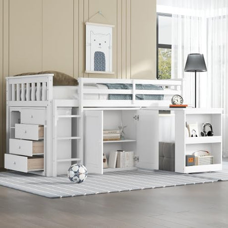 KEIKI Twin Size Low loft Bed with Pull-Out Desk, Rubber Wood Loft Bed with Storage Cabinets & Drawers & Shelves, Low Twin Bed for Kids, White KEIKI