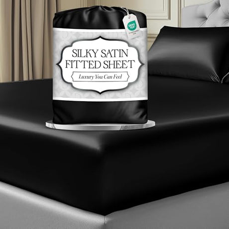 DECOLURE Satin Fitted Sheet Queen Size (1 PC) – Luxuriously Smooth & Softer Than Silk Bed Sheets w/ 15 Inch Deep Pocket Hypoallergenic Wrinkle Free, Secure Snug Fit, Elastic Corner Straps (Black) DECOLURE